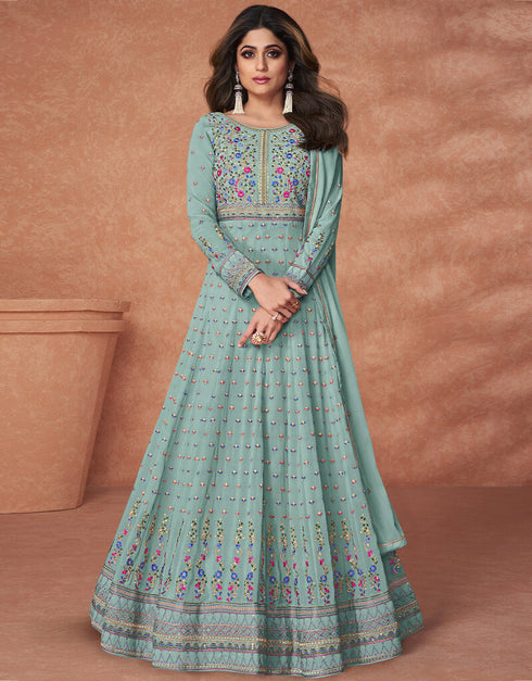 Sky Blue Fox Georgette Anarkali Salwar Suit