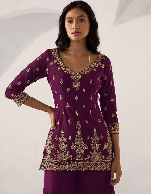 Dark Purple Heavy Fox Georgette Sharara Salwar Suit Closure View