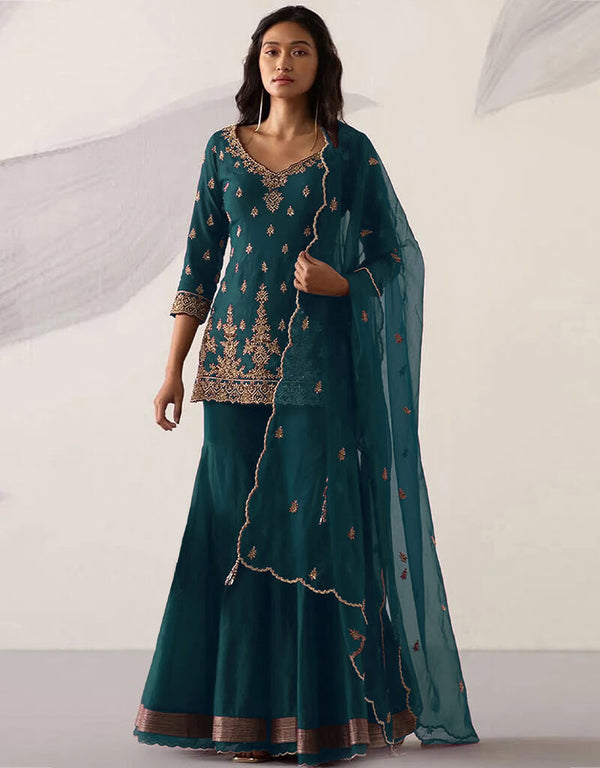 Teal Heavy Fox Georgette Sharara Salwar Suit