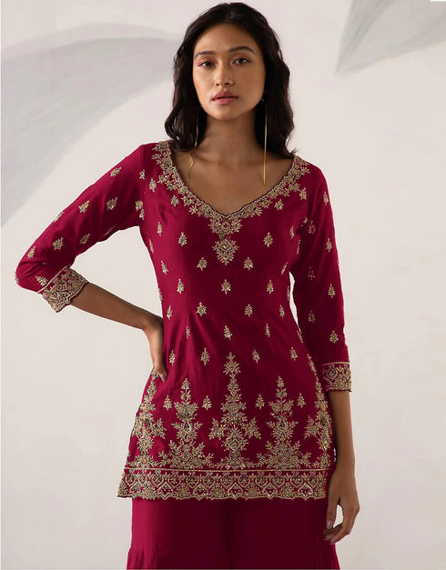 Dark Pink Heavy Fox Georgette Sharara Salwar Suit Closure View