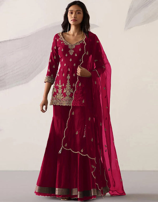 Dark Pink Heavy Fox Georgette Sharara Salwar Suit