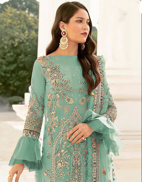 Sea Green Palazzo style Suit Butterfly Net Salwar Kameez in Sequins Embroidery & Lace Work Closure View