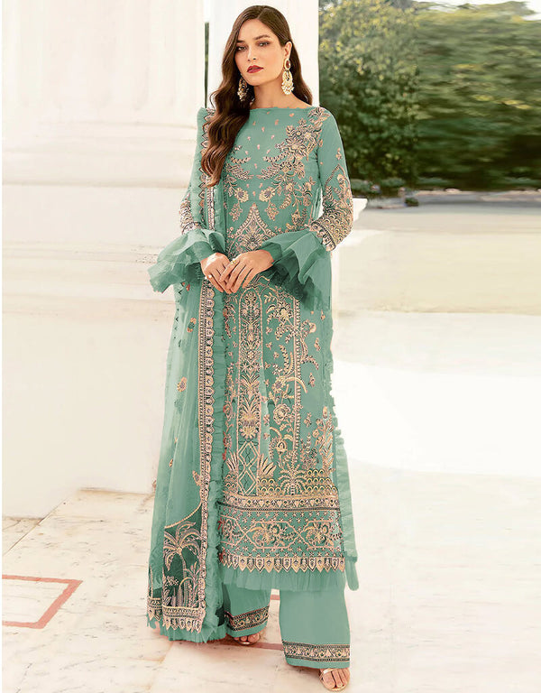 Sea Green Palazzo style Suit Butterfly Net Salwar Kameez in Sequins Embroidery & Lace Work