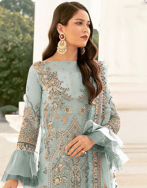 Greenish Grey Palazzo style Suit Butterfly Net Salwar Kameez in Sequins Embroidery & Lace Work Closure View