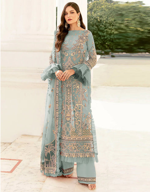 Greenish Grey Palazzo style Suit Butterfly Net Salwar Kameez in Sequins Embroidery & Lace Work