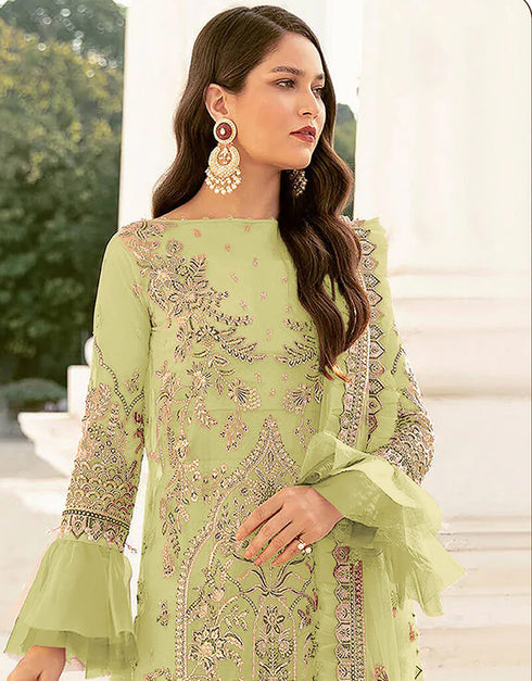 Light Green Palazzo style Suit Butterfly Net Salwar Kameez in Sequins Embroidery & Lace Work Closure View