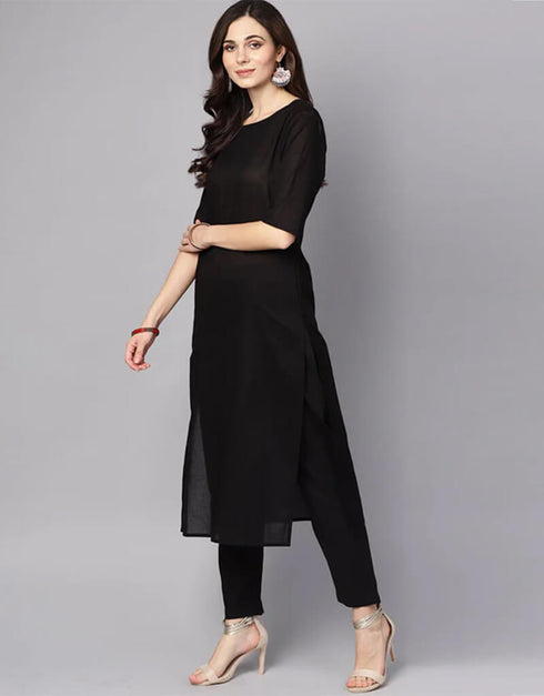 Black Pure Cotton Pant Suit Closure View