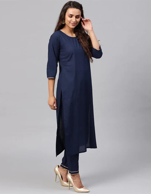 Navy Blue Pure Cotton Pant Suit Closure View