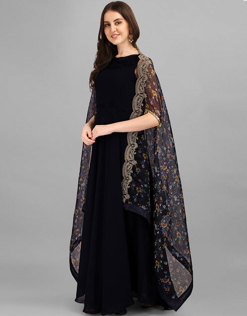 Black Latest Designer Party Wear Georgette Gown Closure View