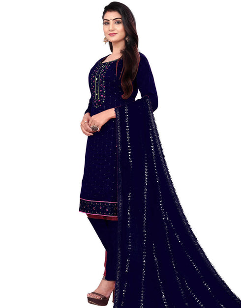 Navy Blue Chanderi Cotton Pant Salwar Suit Closure View