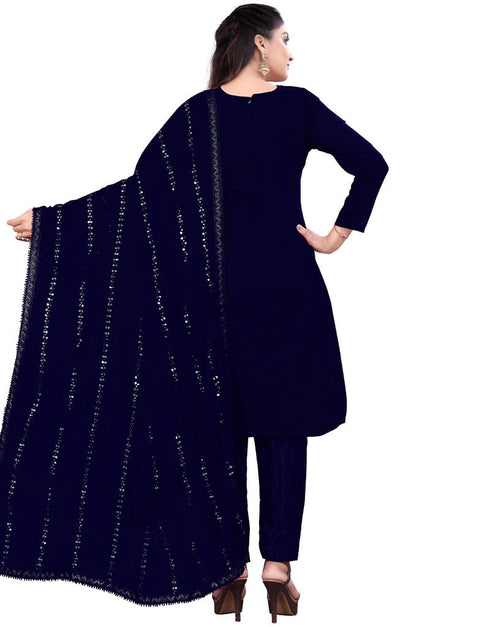 Navy Blue Chanderi Cotton Pant Salwar Suit Back View
