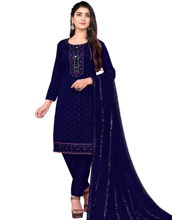 Navy Blue Chanderi Cotton Pant Salwar Suit