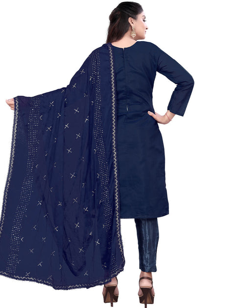 Navy Blue Chanderi Cotton Pant Salwar Suit Back View