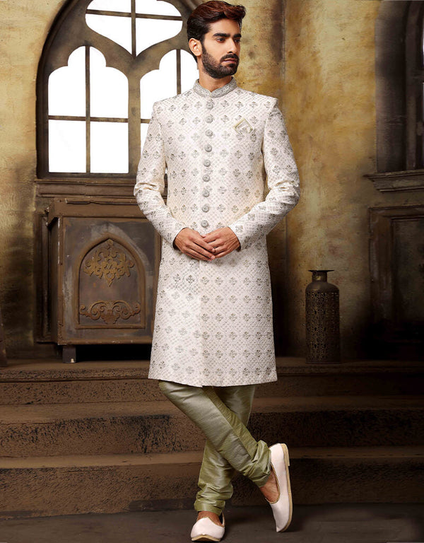 Off White Kurta Art Embroidered Banarasi Silk Chudidar