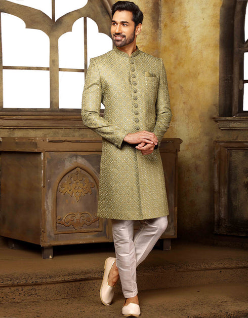 Light Mehendi Kurta Art Embroidered Banarasi Silk Aligadhi Pant