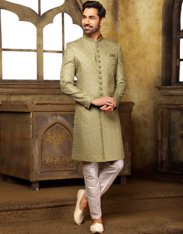 Light Mehendi Kurta Art Embroidered Banarasi Silk Aligadhi Pant