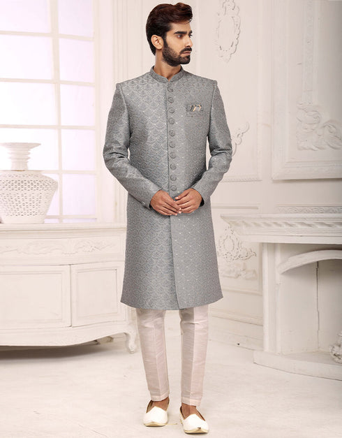 Gray Kurta Art Embroidered Banarasi Silk Aligadhi Pant