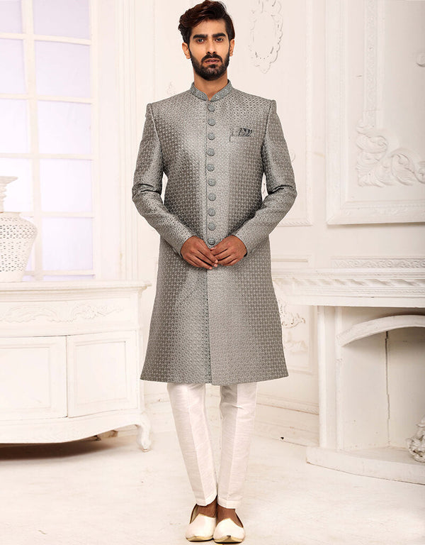 Dark Gray Kurta Art Embroidered Banarasi Silk Aligadhi Pant