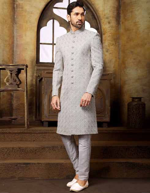 Gray Kurta Georgette With All Over Hand Work Aligadhi Pant