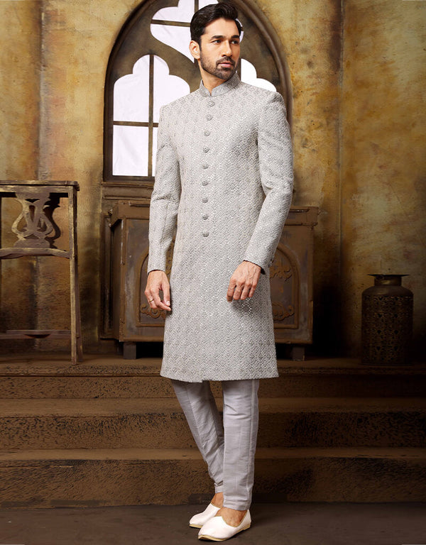 Gray Kurta Georgette With All Over Hand Work Aligadhi Pant