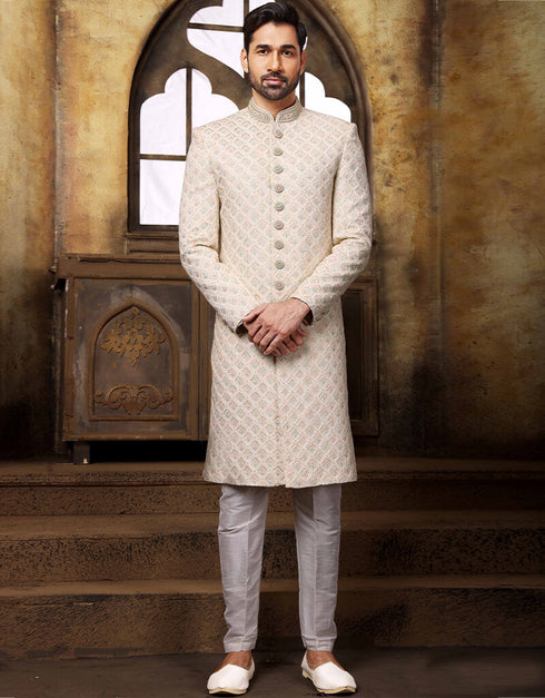 Cream Kurta Georgette With All Over Hand Work Aligadhi Pant