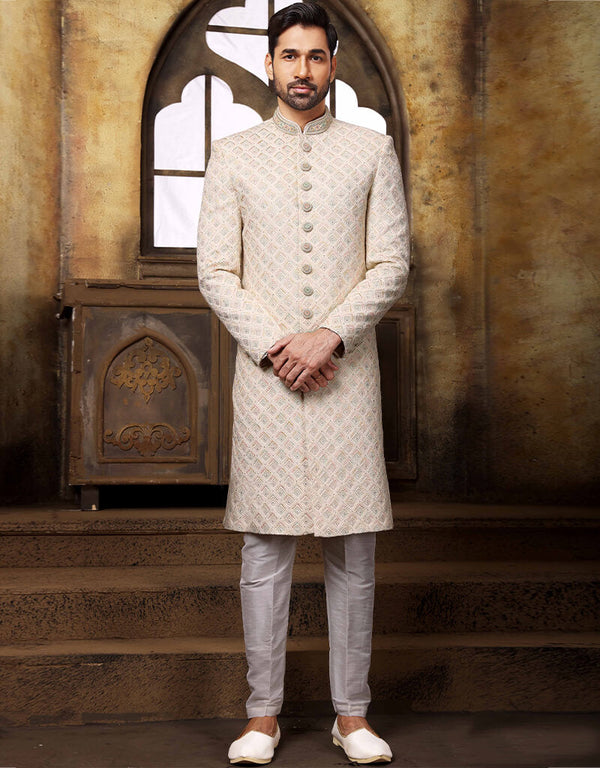 Cream Kurta Georgette With All Over Hand Work Aligadhi Pant