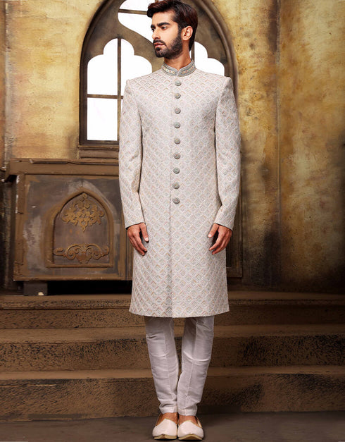 Gray Kurta Georgette With All Over Hand Work Aligadhi Pant