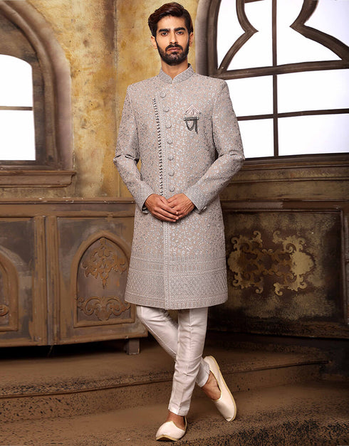 Gray Kurta Georgette Aligadhi Pant