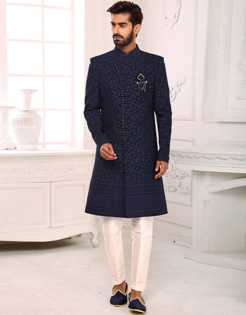 Navy Blue Kurta Georgette Aligadhi Pant