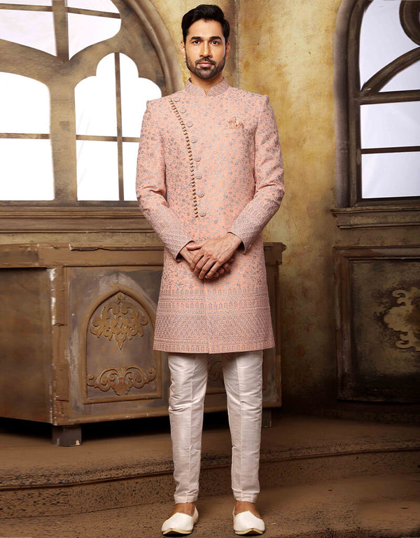 Peach Kurta Georgette Aligadhi Pant