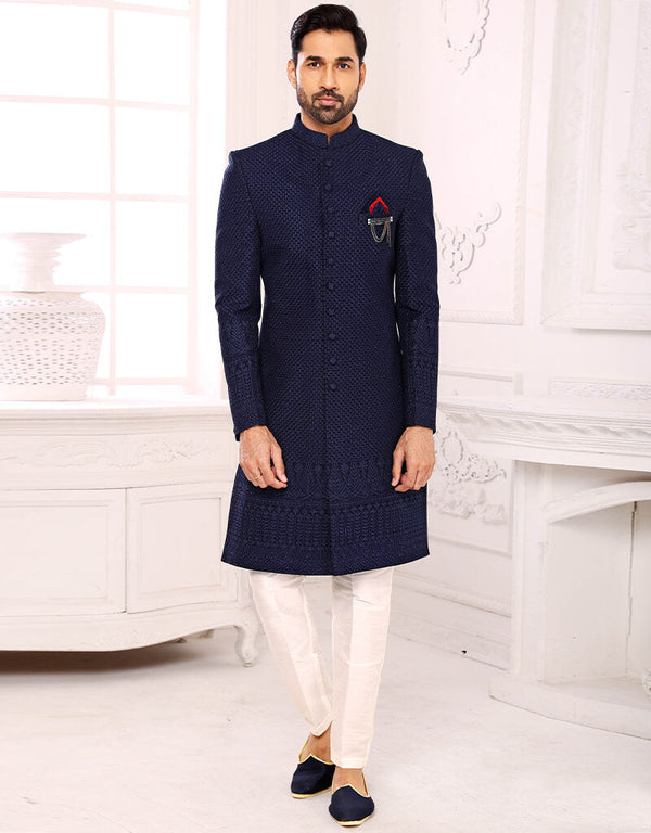 Navy Blue Kurta Georgette Aligadhi Pant