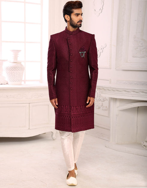 Wine Kurta Georgette Aligadhi Pant