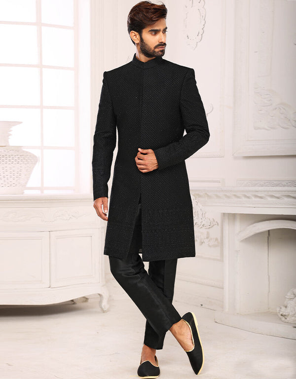 Black Kurta Georgette Aligadhi Pant