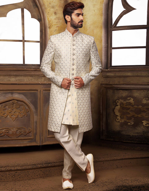 Cream and Sky Kurta Art Embroidered Banarasi Silk Aligadhi Pant