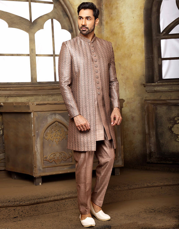Brown Kurta Art Embroidered Banarasi Silk Aligadhi Pant