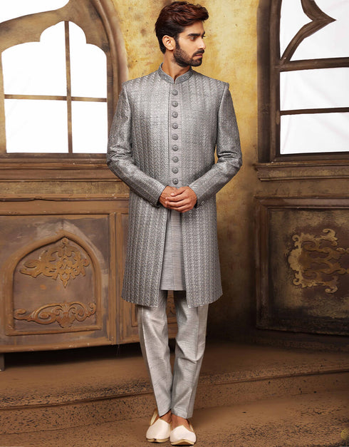 Gray Kurta Art Embroidered Banarasi Silk Aligadhi Pant