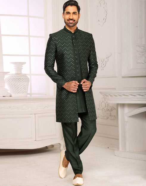 Bottle Green Kurta Art Embroidered Georgette Aligadhi Pant