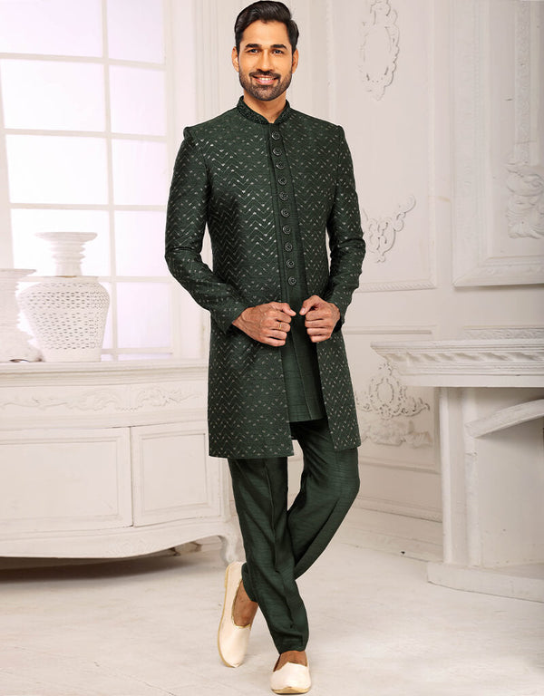 Bottle Green Kurta Art Embroidered Georgette Aligadhi Pant