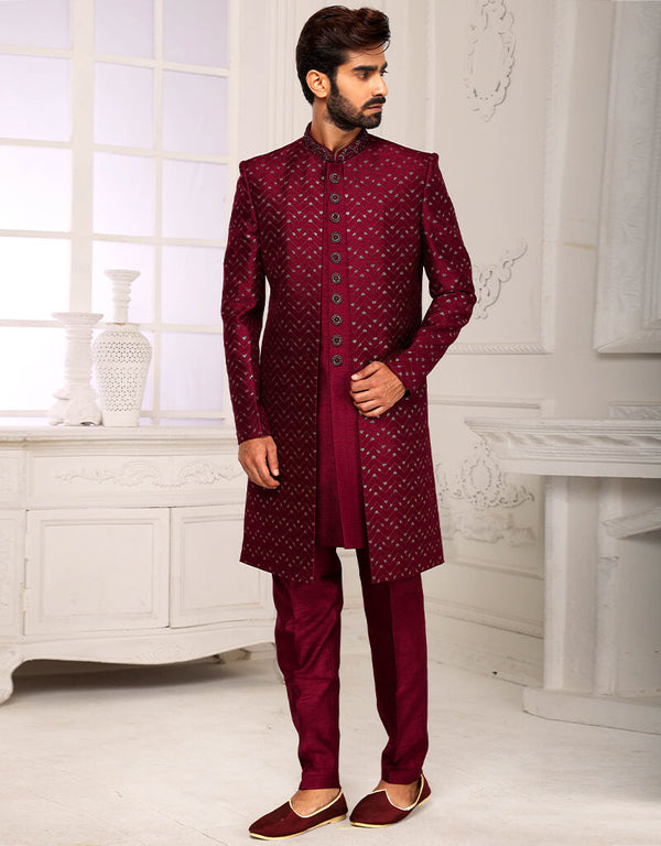 Maroon Kurta Art Embroidered Georgette Aligadhi Pant