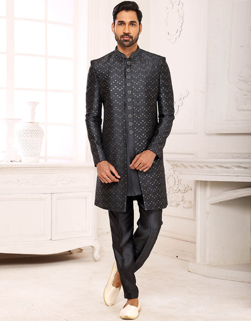 Dark Gray Kurta Art Embroidered Georgette Aligadhi Pant