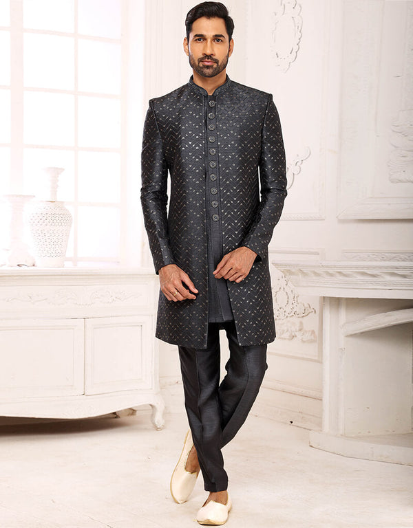 Dark Gray Kurta Art Embroidered Georgette Aligadhi Pant