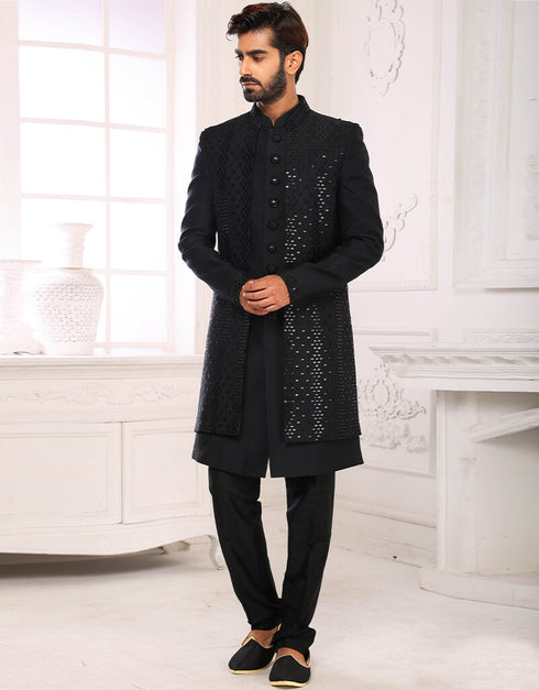 Black Kurta Art Silk With Mirror Work Aligadhi Pant