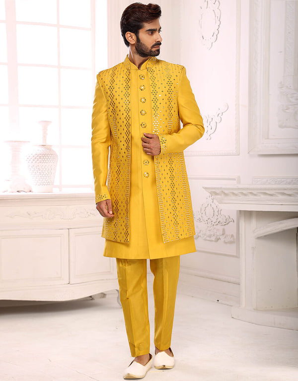 Yellow Kurta Art Silk With Mirror Work Aligadhi Pant