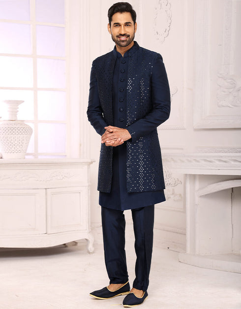 Navy Blue Kurta Art Silk With Mirror Work Aligadhi Pant
