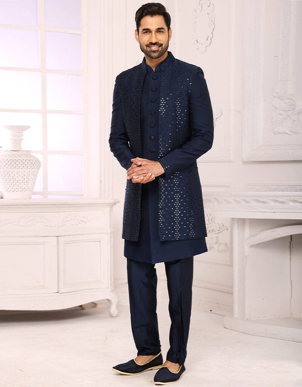 Navy Blue Kurta Art Silk With Mirror Work Aligadhi Pant
