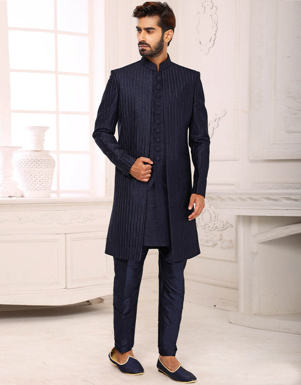 Navy Blue Kurta Art Embroidered Banarasi Silk Aligadhi Pant