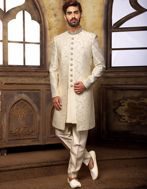 Cream Kurta Art Embroidered Banarasi Silk Aligadhi Pant