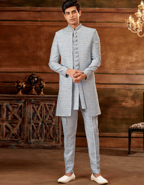 Sky Kurta Art Embroidered Banarasi Silk Aligadhi Pant