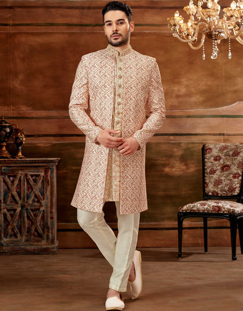 Cream and Maroon Kurta Art Embroidered Banarasi Silk Aligadhi Pant