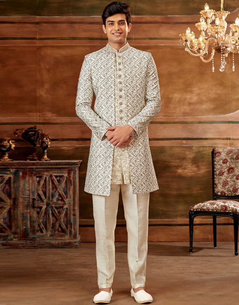 Cream and Blue Kurta Art Embroidered Banarasi Silk Aligadhi Pant